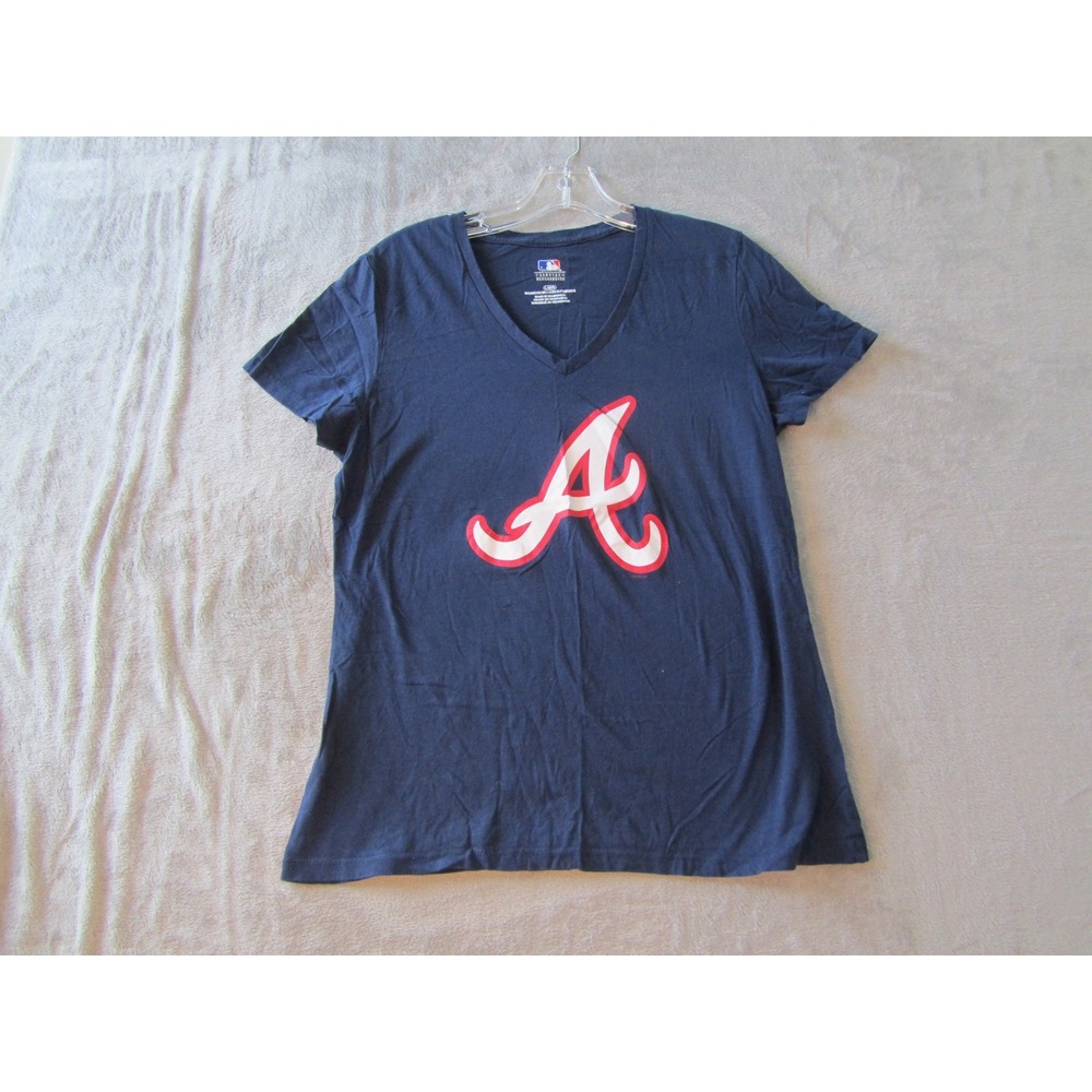 MLB T-Shirt Women Large Navy Blue Atlanta Braves V-Neck Graphic Tee Short Sleeve